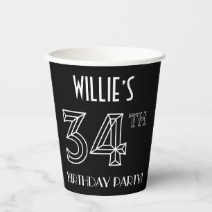 Gobelets En Papier Fête du 34e anniversaire : Style Art Déco + Nom pe