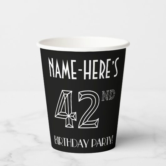 Gobelets En Papier Fête du 42e anniversaire : Style Art Déco + Nom pe (Verso)