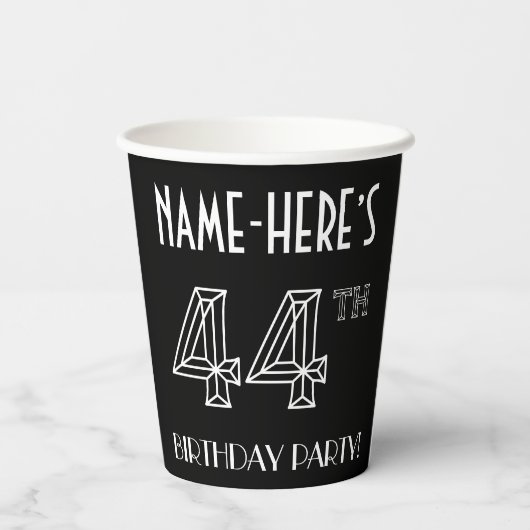 Gobelets En Papier Fête du 44e anniversaire : Style Art Déco + Nom pe (Verso)