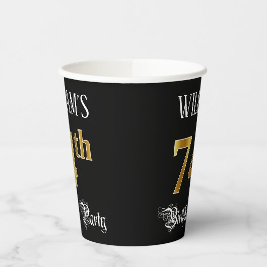 Gobelets En Papier Fête du 74e anniversaire — Script fantaisie, Faux (Gauche)