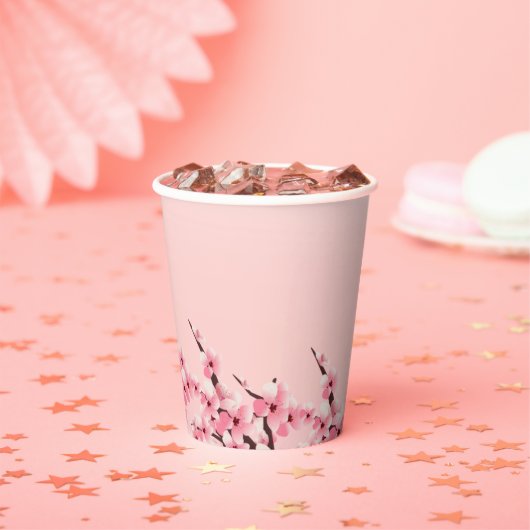 Gobelets En Papier Fête élégante aux fleurs roses de cerisier en fleu (Insitu)