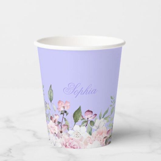 Gobelets En Papier Fête Florale Violet Personnalisée (Recto)