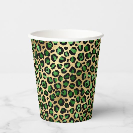 Gobelets En Papier Fête léopard d'or vert émeraude (Recto)
