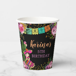 Gobelets En Papier Fête noire mexicaine colorée Florale Anniversaire