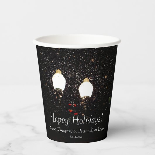 Gobelets En Papier Fêtes d'hiver personnalisées Black White Gold Snow (Recto)