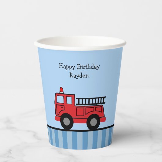 Gobelets En Papier Feu Camion Bleu et Rouge rayé Anniversaire (Recto)