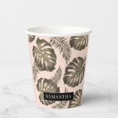 Gobelets En Papier Feuille Tropical Pink & Gold Palm Motif et nom (Recto)