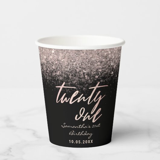 Gobelets En Papier Fille 21e anniversaire Noir et Rose Parties scinti (Verso)