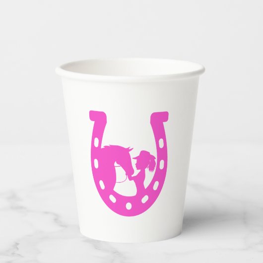 Gobelets En Papier Fille avec cheval et Casquette occidental Hot rose (Recto)