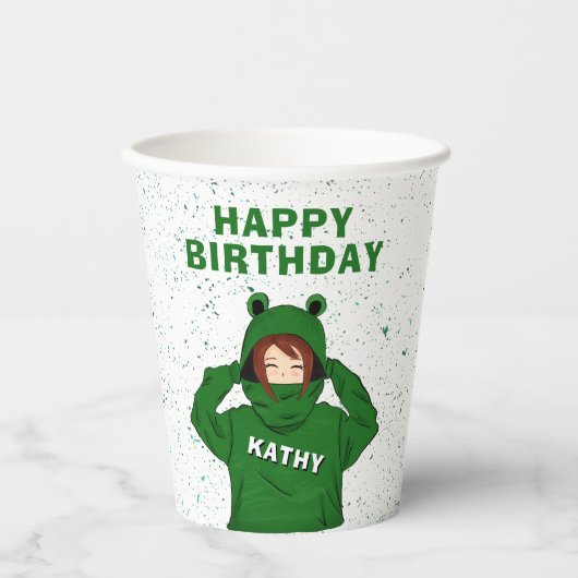 Gobelets En Papier Fille avec grenouille verte Hoody Dessin Anniversa (Recto)