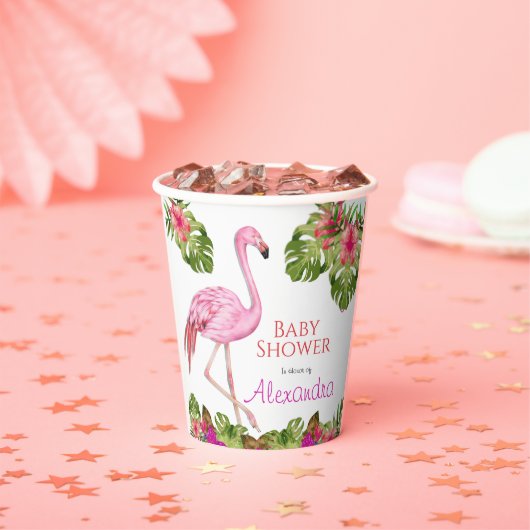 Gobelets En Papier Fille Baby shower rose Flamant rose faune tropical (Insitu)