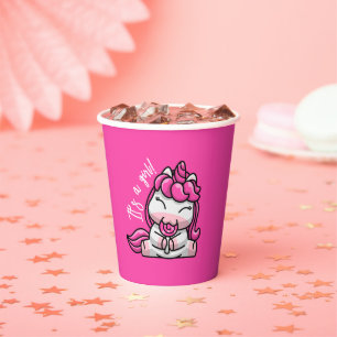 Gobelets En Papier Fille bébé rose licorne Genre Reveal Party