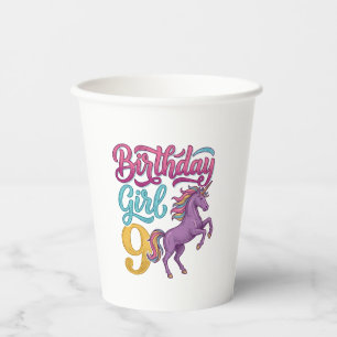Gobelets En Papier Fille d'anniversaire 9 Licorne Dessin de gravure v