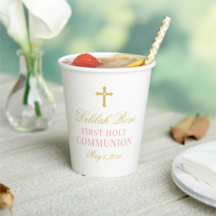 Gobelets En Papier Fille de première communion élégante rose et or