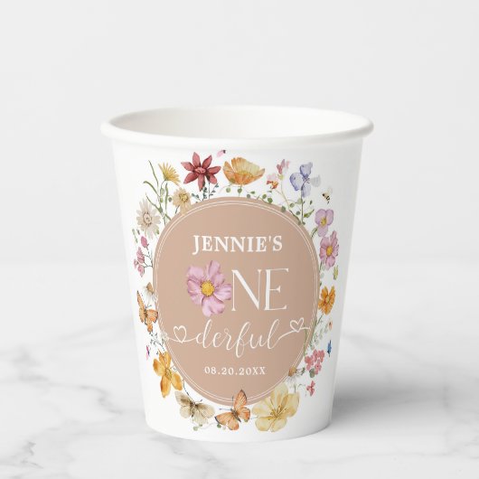 Gobelets En Papier Fille Fleur sauvage Onederful 1er anniversaire fêt (Recto)