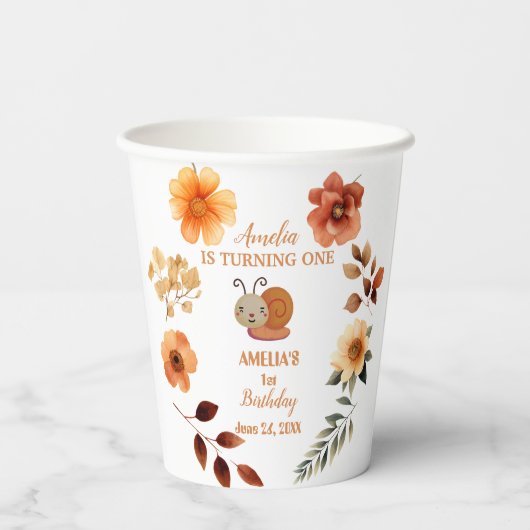 Gobelets En Papier Fille fleur sauvage personnalisée 1er anniversaire (Verso)