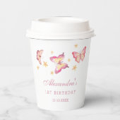 Gobelets En Papier Fille papillon rose 1er anniversaire (Verso)