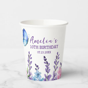 Gobelets En Papier Fille papillon rose floral Anniversaire