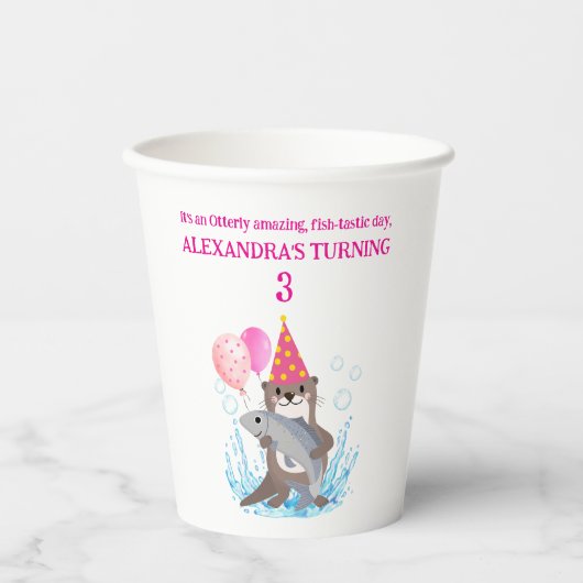 Gobelets En Papier Fille rose mignonne Sea Otter fête d'anniversaire (Recto)