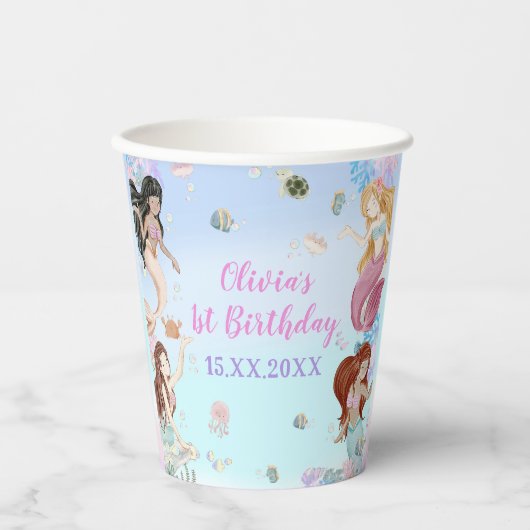 Gobelets En Papier Fille Sirène 1ère fête d'anniversaire (Recto)