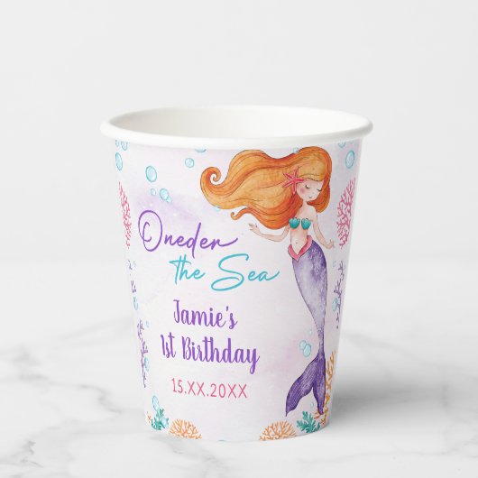 Gobelets En Papier Fille Sirène 1ère fête d'anniversaire (Recto)