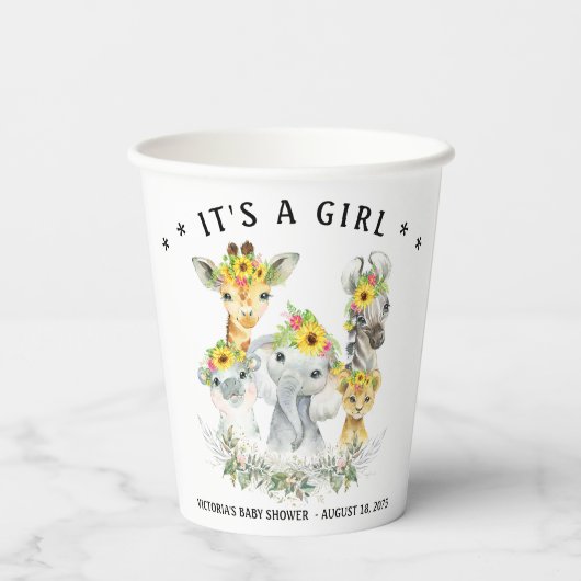 Gobelets En Papier Fille Sunflowe Safari Baby shower animal tasses en (Verso)