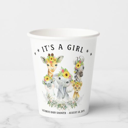 Gobelets En Papier Fille Sunflowe Safari Baby shower animal tasses en (Recto)