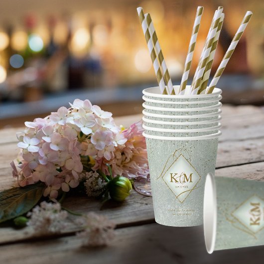 Gobelets En Papier Fine Lines Gold Abstrait Mariage V2 Sage ID867