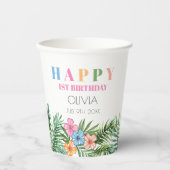 Gobelets En Papier Flamant rose d'été tropical fille heureux 1er anni (Recto)