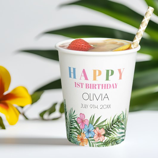 Gobelets En Papier Flamant rose d'été tropical fille heureux 1er anni