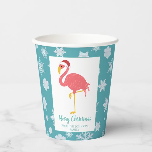 Gobelets En Papier Flamant rose Noël Snowflake Blue Tropical Famille  (Recto)