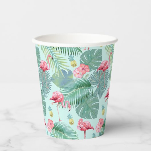 Gobelets En Papier Flamant rose tropical, Palmiers, Ananas Motif ID92 (Recto)