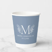 Gobelets En Papier Fleur botanique monogramme blanc sur gris bleu (Recto)
