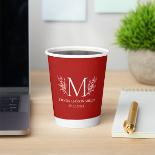 Gobelets En Papier Fleur botanique monogramme blanc sur rouge bordeau