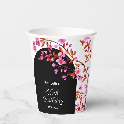 Gobelets En Papier Fleur de cerisier Sakura noir blanc Anniversaire (Recto)