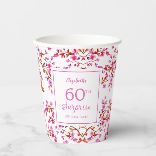 Gobelets En Papier Fleur de cerisier Surprise rose Anniversaire (Recto)