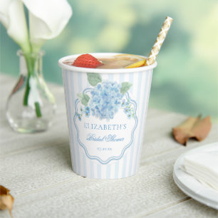 Gobelets En Papier Fleur d'hortensia bleue vintage élégante rayure on