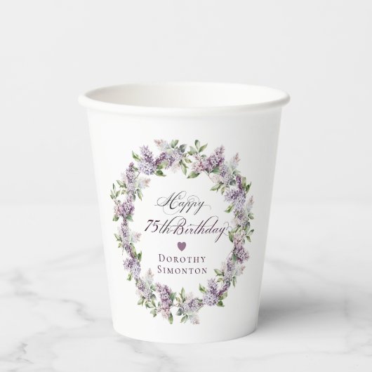Gobelets En Papier Fleur Lilac violet 75e anniversaire personnalisée (Recto)