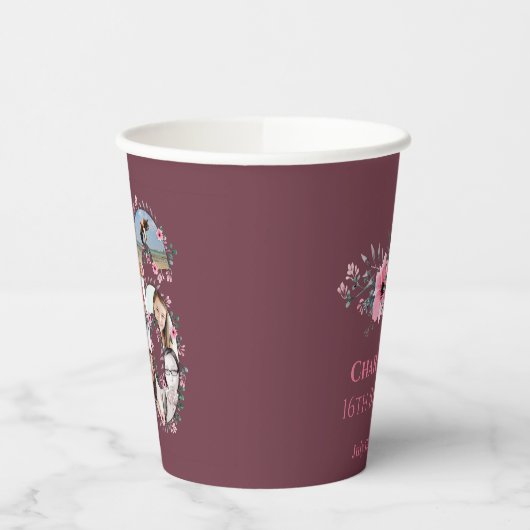 Gobelets En Papier Fleur rose Gros 16e anniversaire fille photo Colla (Gauche)