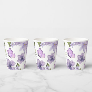 Gobelets En Papier Fleur sauvage d'aquarelle aux papillons violets