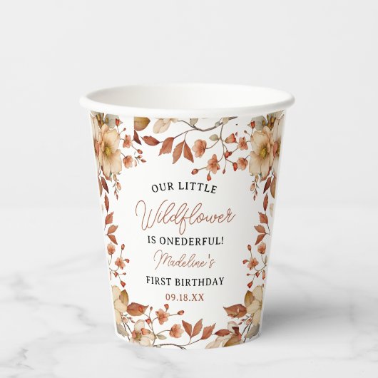 Gobelets En Papier Fleur sauvage moderne chic Script 1er anniversaire (Recto)