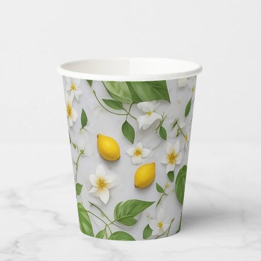 Gobelets En Papier Fleurs blanches Citrons Vert Feuille Motif sur bla (Gauche)