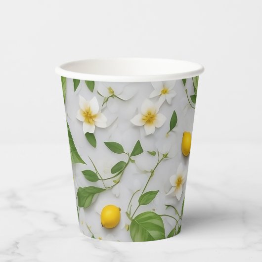 Gobelets En Papier Fleurs blanches Citrons Vert Feuille Motif sur bla (Recto)