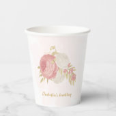 Gobelets En Papier Fleurs blanches et roses romantiques or botanique (Recto)