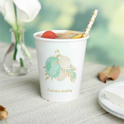 Gobelets En Papier Fleurs blanches et vert menthe romantiques avec or (Insitu)