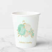 Gobelets En Papier Fleurs blanches et vert menthe romantiques avec or (Recto)