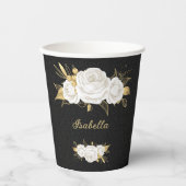 Gobelets En Papier fleurs blanches feuilles or noir (Recto)