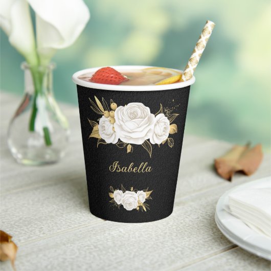 Gobelets En Papier fleurs blanches feuilles or noires (Insitu)