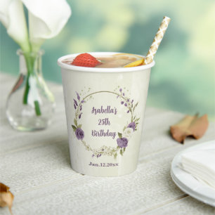 Gobelets En Papier fleurs blanches mauves verdure