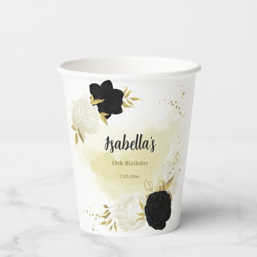 Gobelets En Papier fleurs blanches noires or feuilles (Verso)